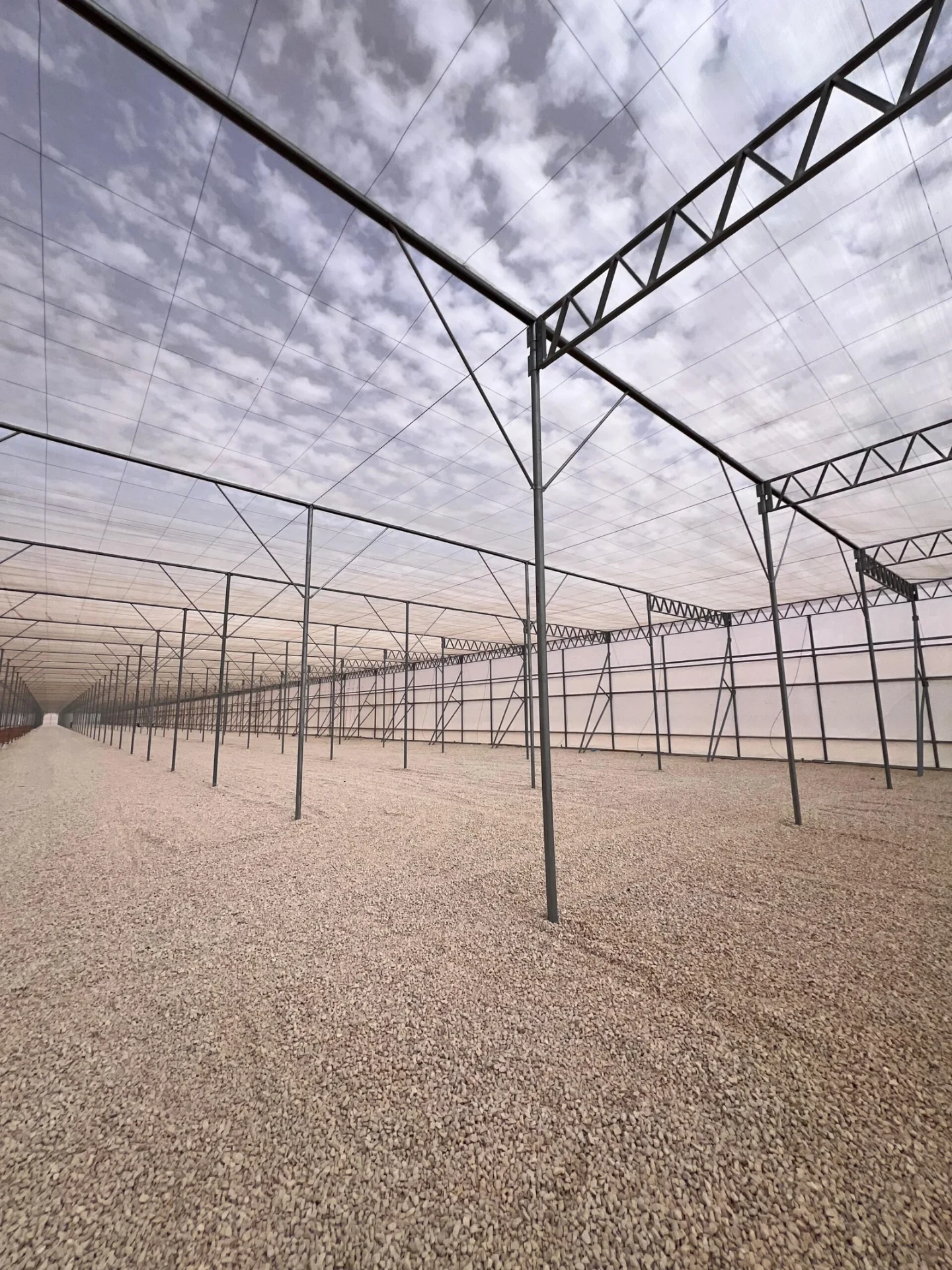 Steel-framed net house interior with gravel floor